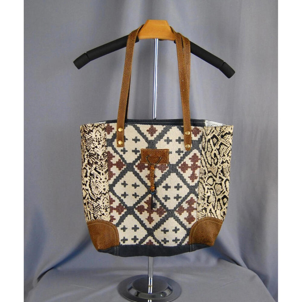 EUC Myra Bag Western Upcycled Canvas Horse Hair Leather Tote Bag Zip Pocket
